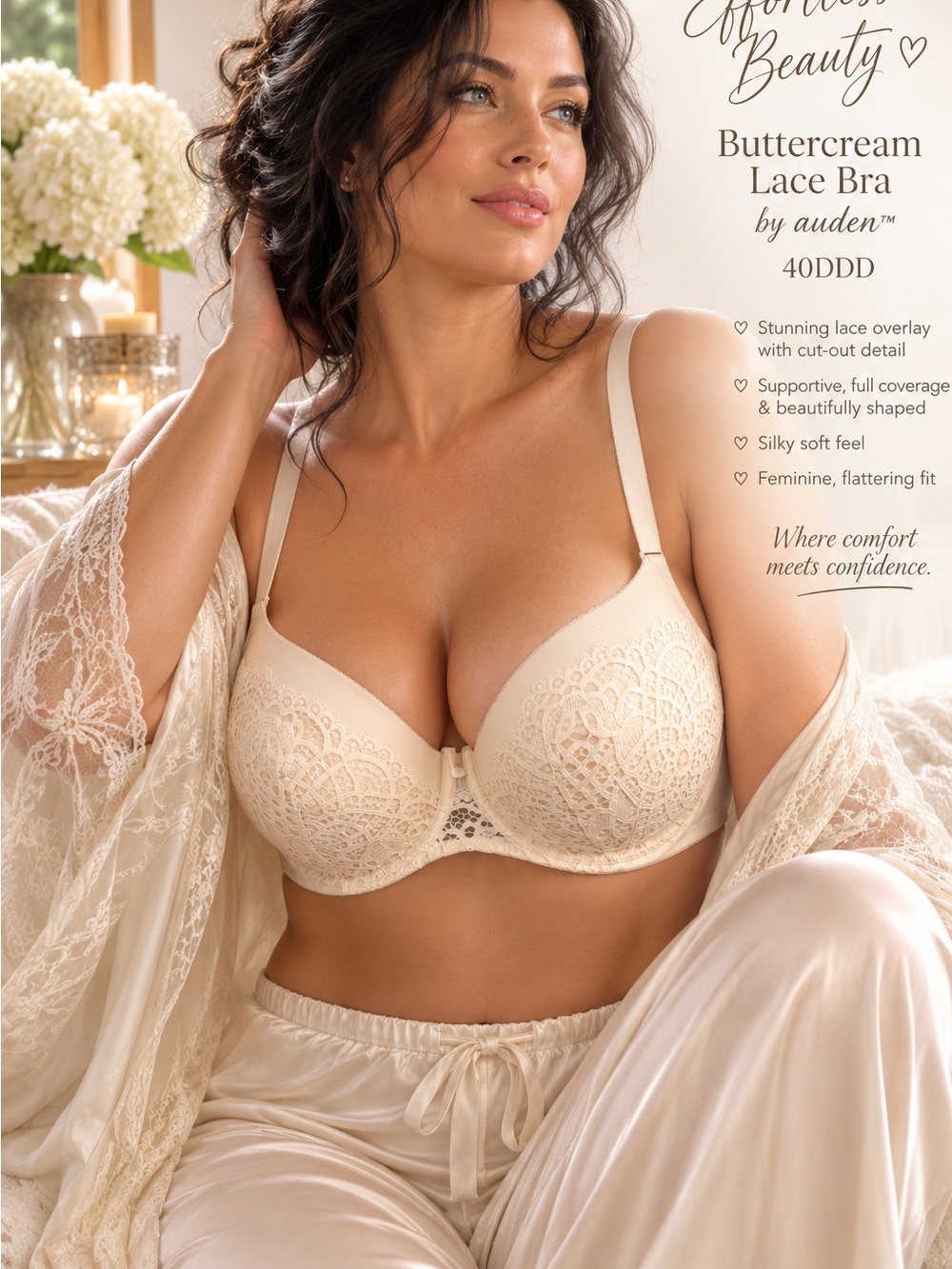 Auden Buttercream Cut-Out Lace Full-Coverage Bra – Size 40DDD